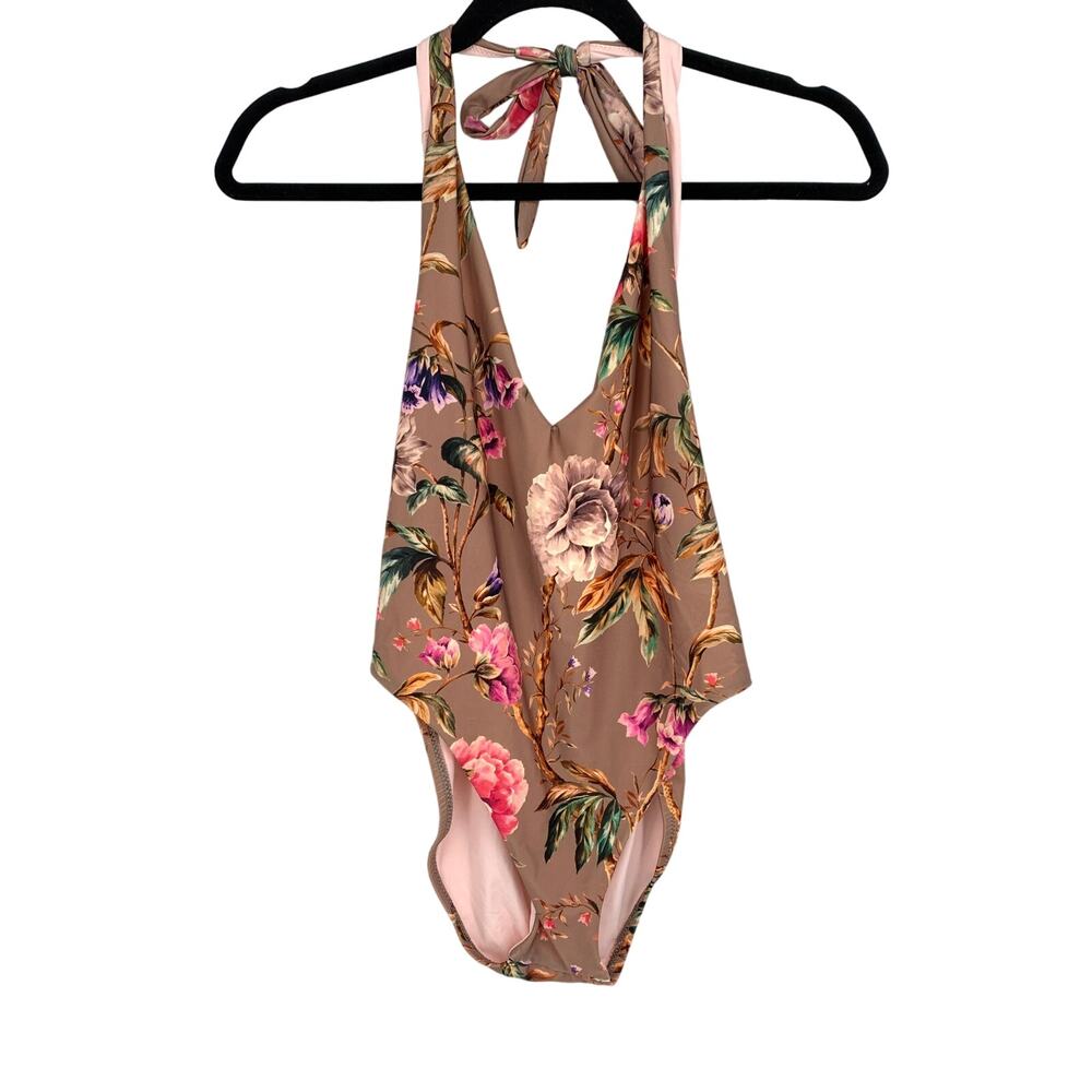 Vitamin A Emma Deep V One PIece Swimsuit Womens Size 10 Floral Print Halter